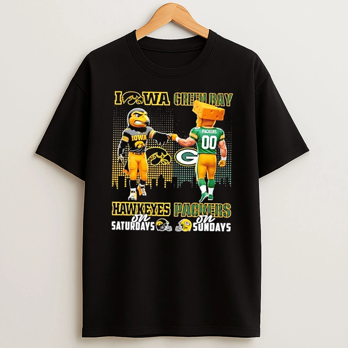 Mascots Iowa Hawkeyes On Saturdays X Green Bay Packers On Sundays Skyline T Shirt