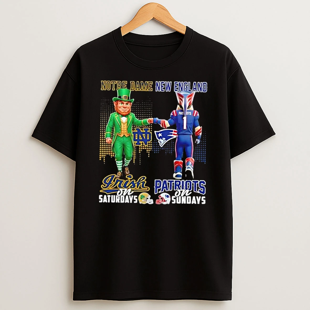 Mascots Notre Dame Fighting Irish On Saturdays X New England Patriots On Sundays Skyline T Shirt
