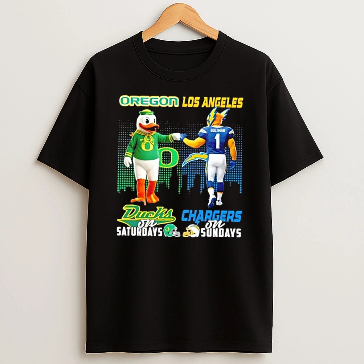 Mascots Oregon Ducks On Saturdays X Los Angeles Chargers On Sundays Skyline T Shirt