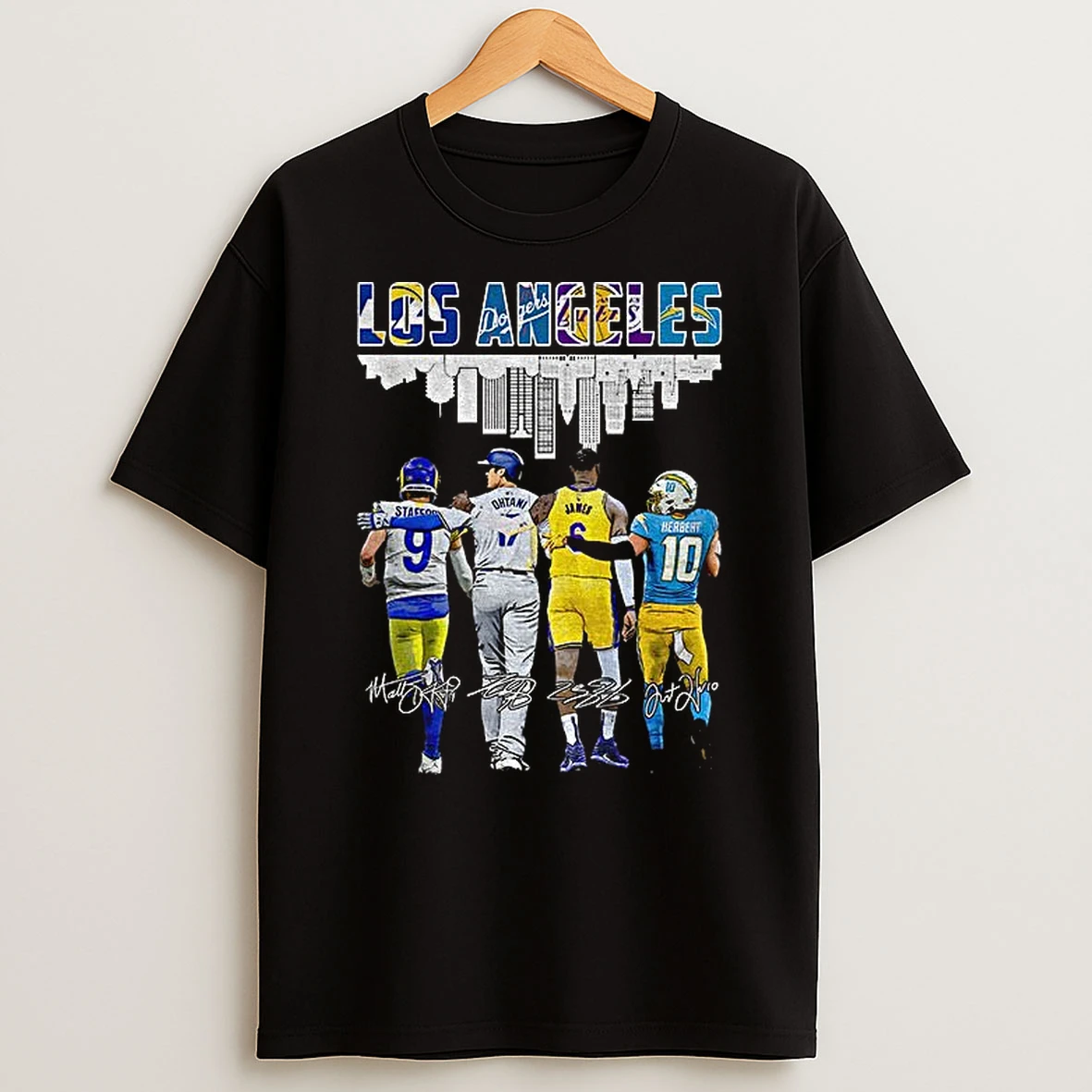 Matthew Stafford Shohei Ohtani Lebron James Justin Herbert Los Angeles Rams Dodgers Lakers Chargers Signatures T Shirt