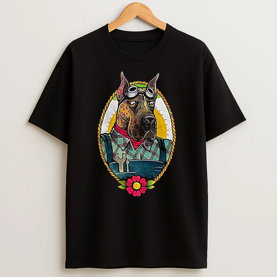 Mechanic Dog Tattoo In Photo Frame Cartoon Retro T Shirt