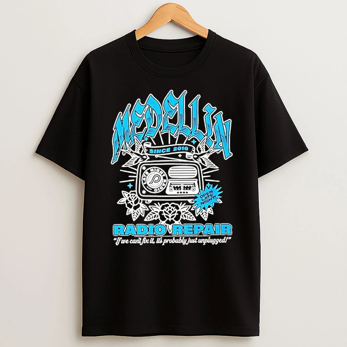 Medellin Radio Repair Late Night Since 2010 Graphic T Shirt