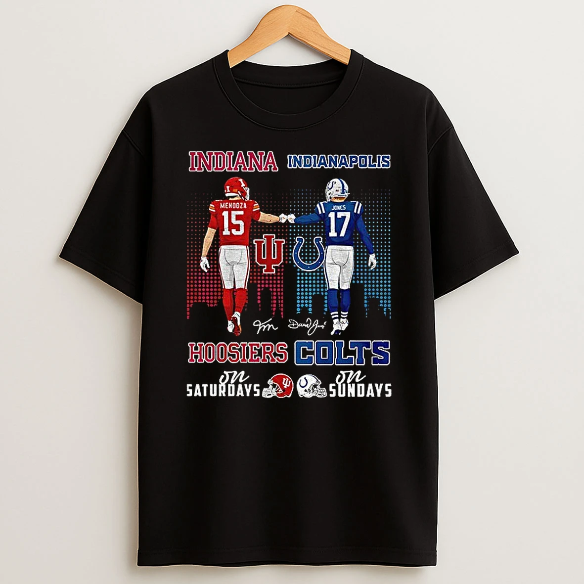 Mendoza Indiana Hoosiers On Saturdays And Jones Indianapolis Colts On Sundays Signature T Shirt