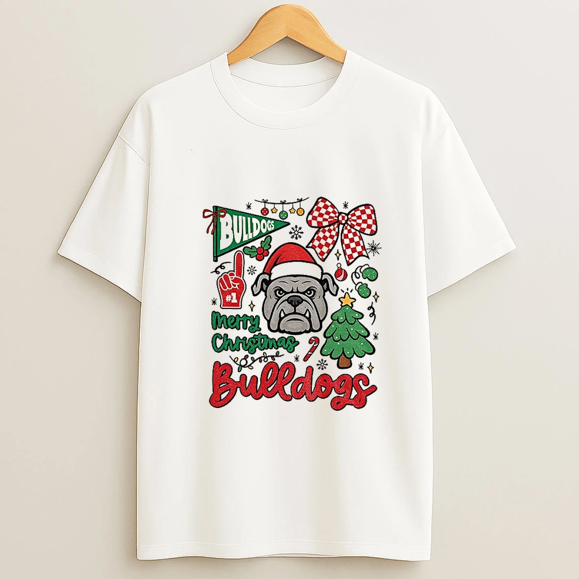 Merry Christmas Georgia Bulldogs Game Day Mascot Festive Checkerboard Bow T Shirt