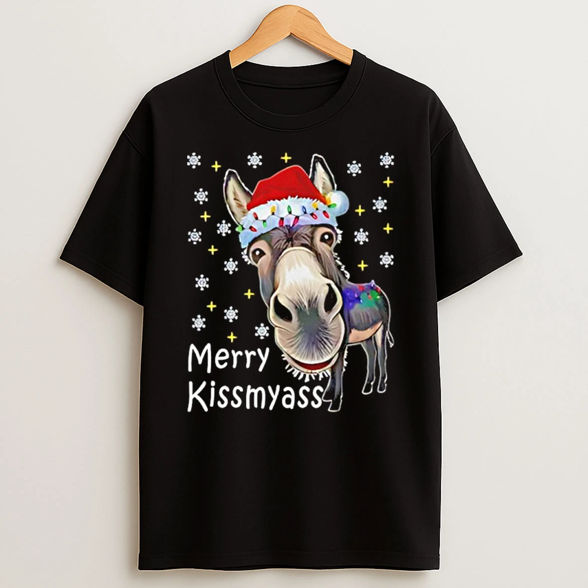 Merry Kissmyass Donkey Santa Hat Lights T Shirt