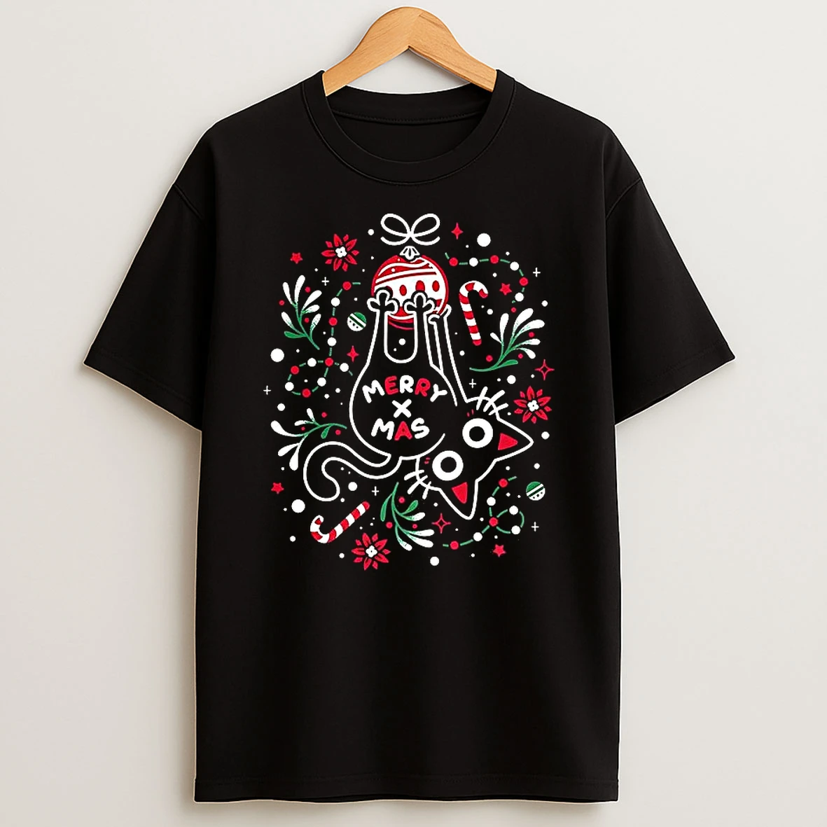 Merry Kissmyass Xmas Cat Playing Christmas Ball T Shirt