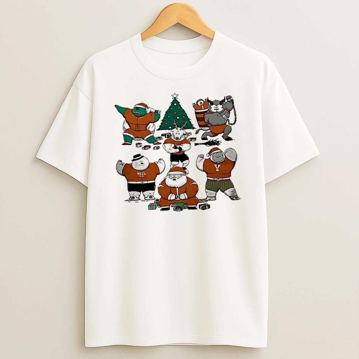 Merry Muscular Santa Grinch Snowman Bigfoot Krampus Reindeer Christmas T Shirt