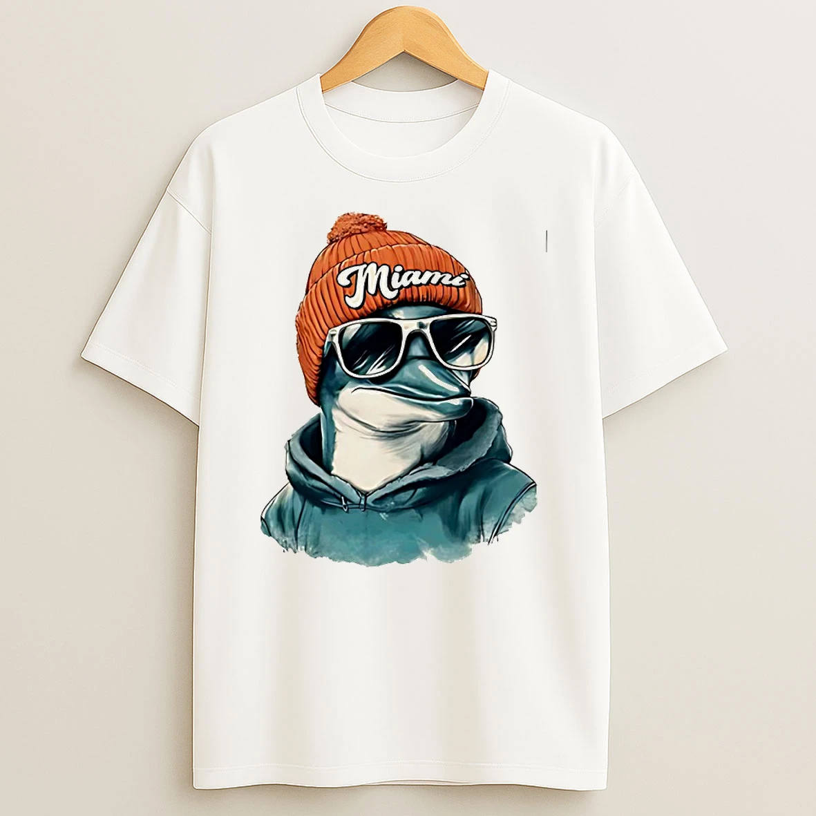 Miami Dolphins Mascot Wearing A Beanie And Sunglasses Circle T Shirt