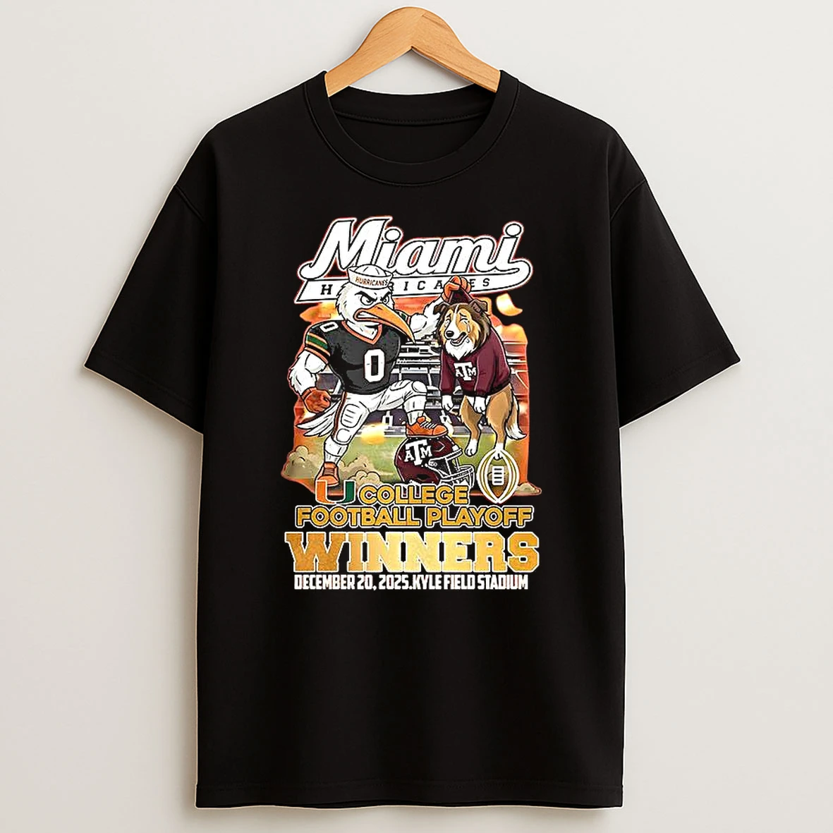Miami Hurricanes College Football Playoff 2025 Winner First Round Kyle Field Stadium Mascot T Shirt