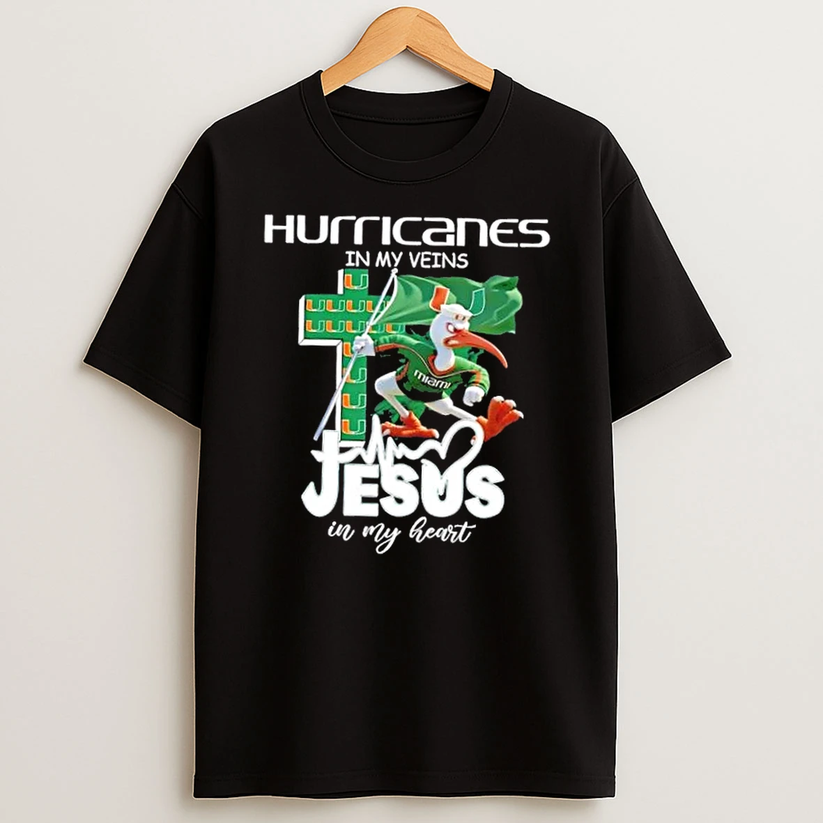 Miami Hurricanes Mascot Hold Flag In My Veins Jesus In My Heart T Shirt