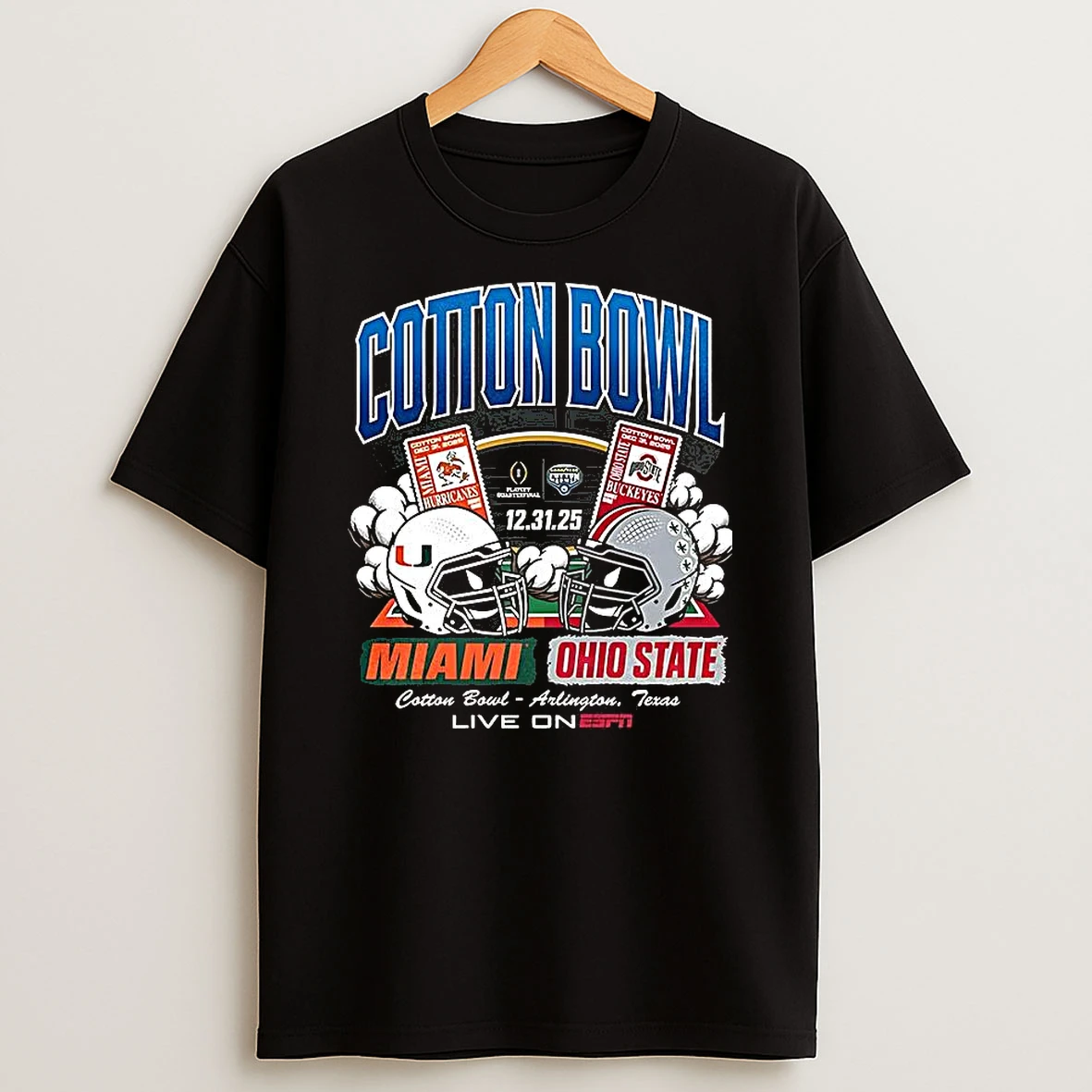 Miami Hurricanes Vs Ohio State Buckeyes Ncaa Cfp Cotton Bowl 2025 Helmet Ticket T Shirt