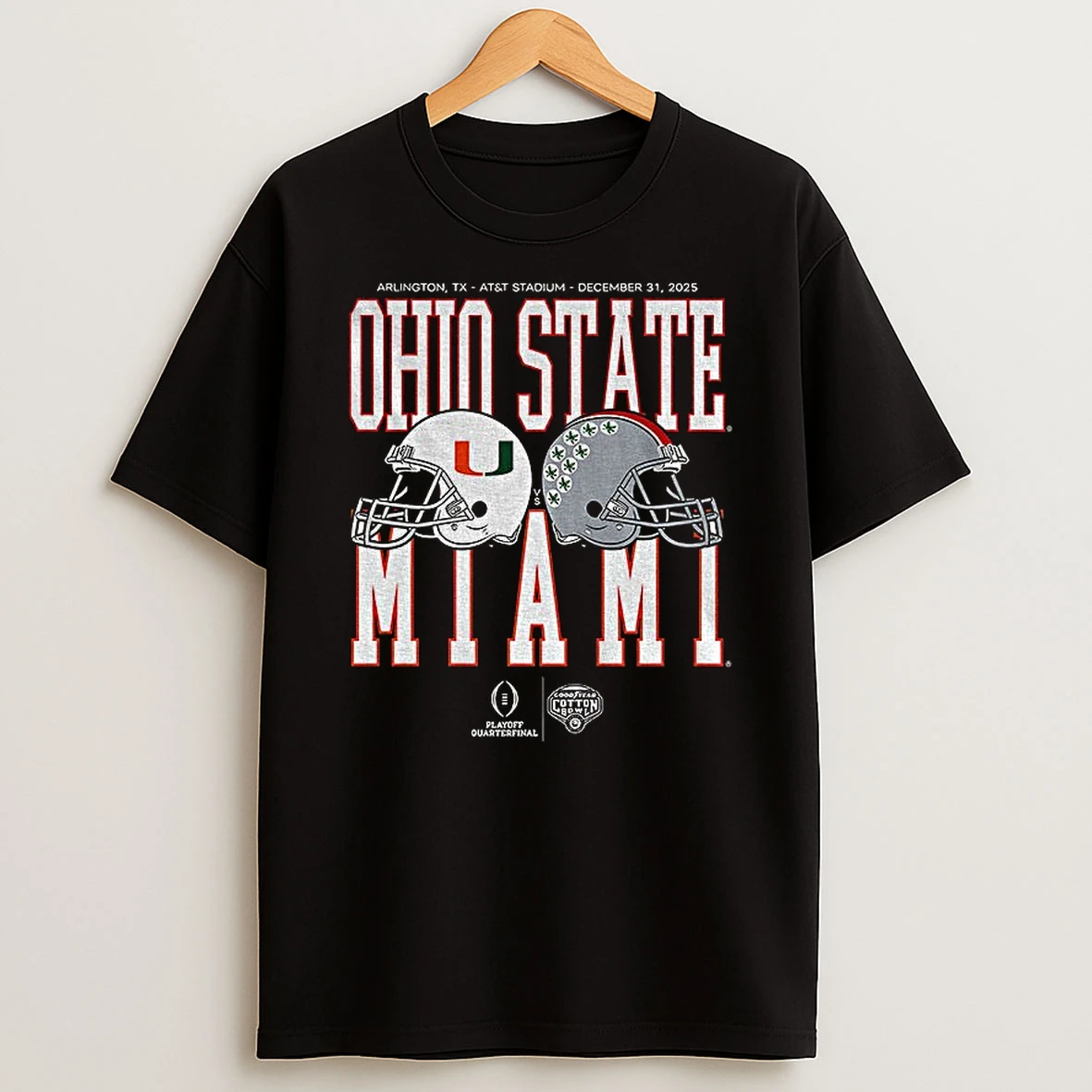 Miami Hurricanes Vs Ohio State Buckeyes Helmet Matchup 2025 December T Shirt