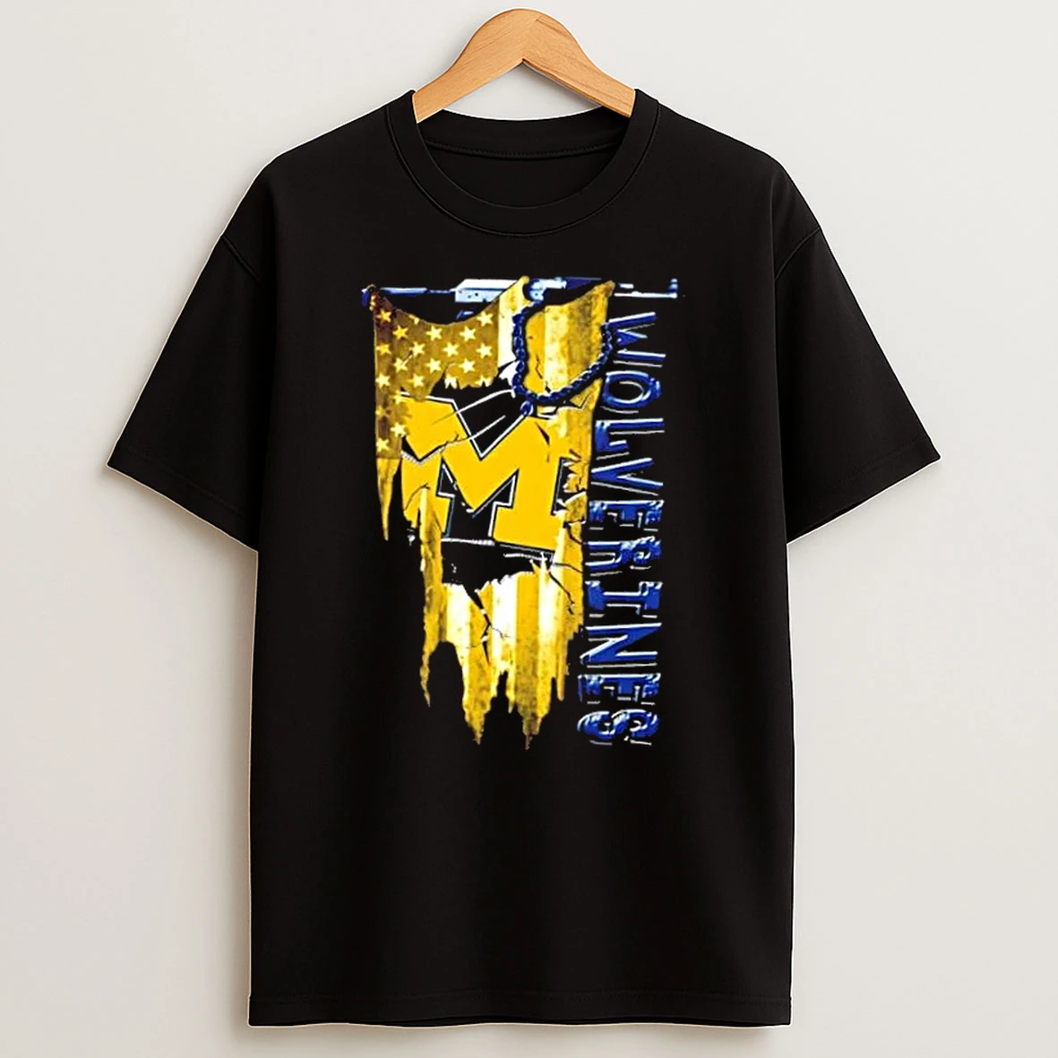 Michigan Wolverines Football Battle Shattered Usa Flag Rip Design T Shirt