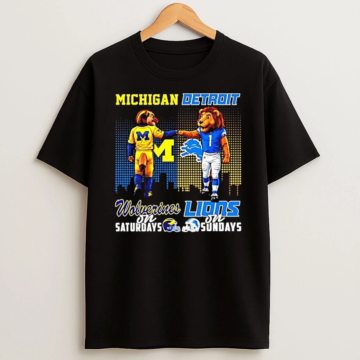 Michigan Wolverines On Saturdays Vs Detroit Lions On Sundays Mascot Skyline T Shirt