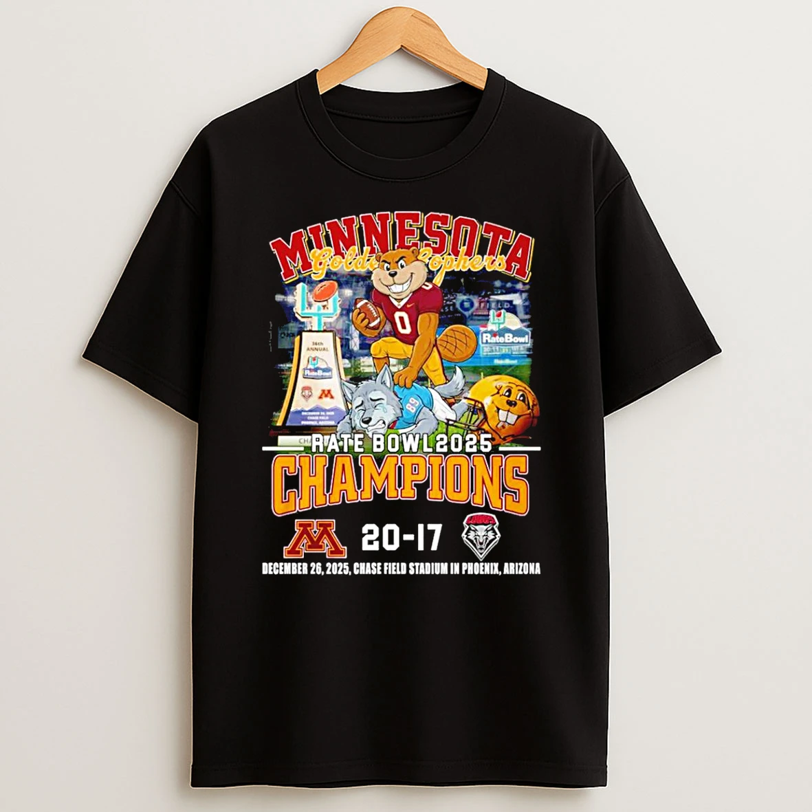 Minnesota Golden Gophers 2025 Rate Bowl Champions Score Mascot T Shirt
