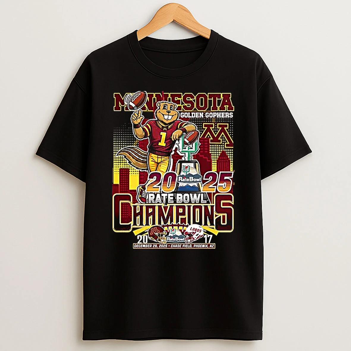 Minnesota Golden Gophers Rate Bowl 2025 Trophy Mascot Skyline Final Score T Shirt