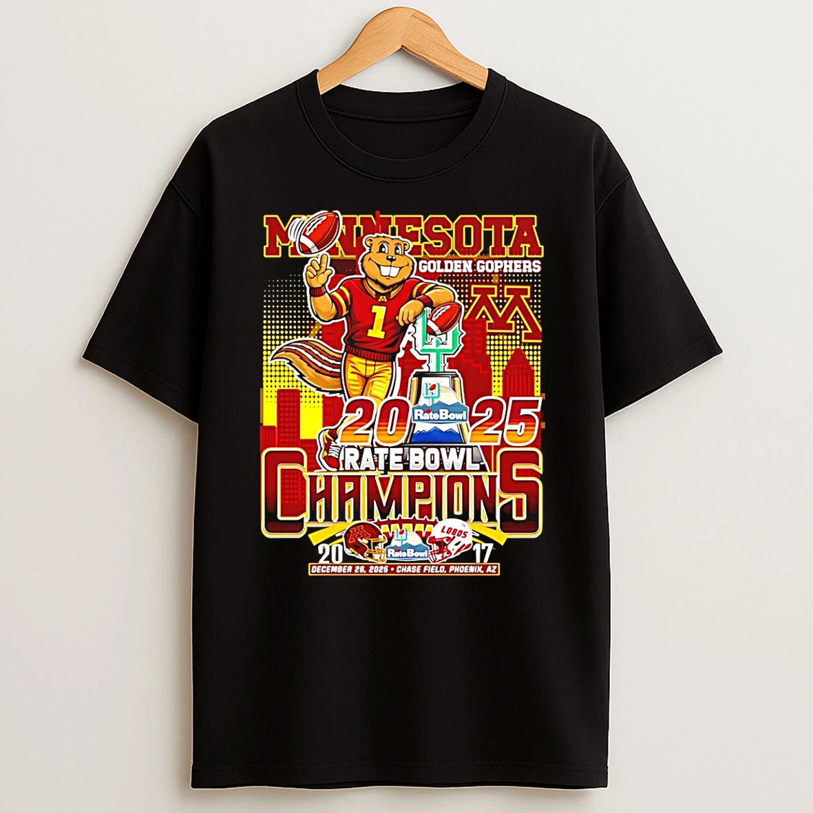 Minnesota Golden Gophers Rate Bowl Champions 2025 Mascot Skyline T Shirt