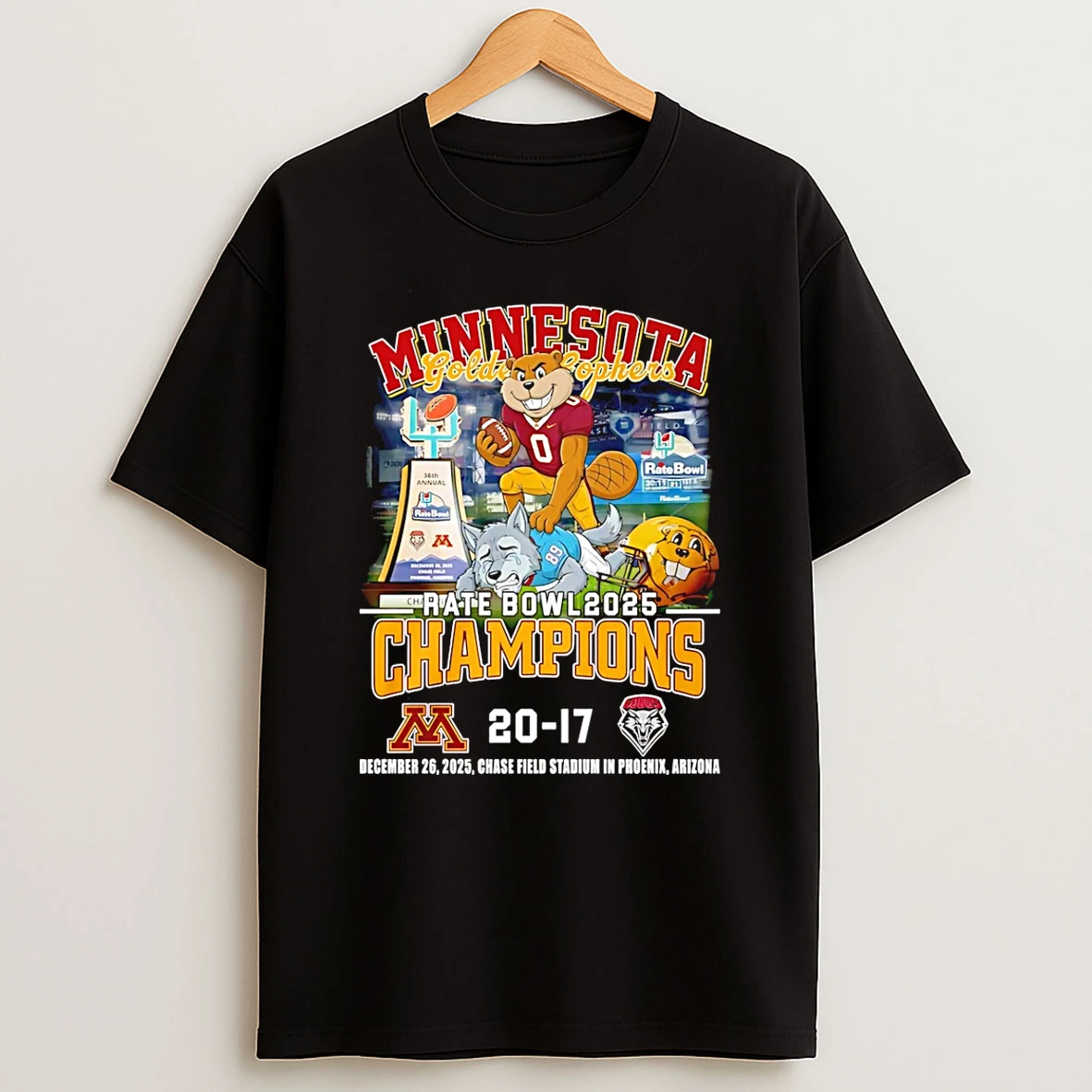 Minnesota Golden Gophers Football 2025 Rate Bowl Champions 20 17 Score Mascot T Shirt