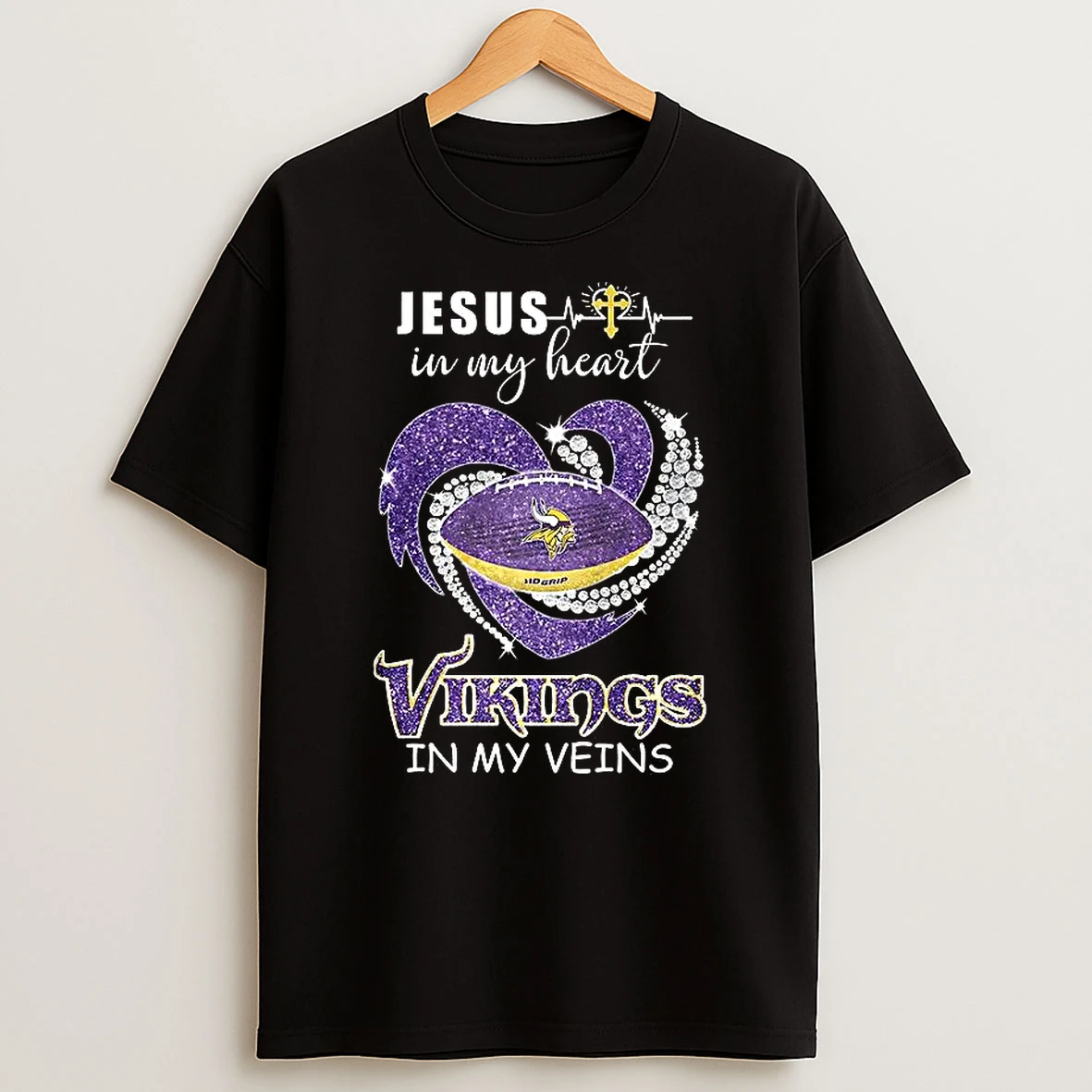 Minnesota Vikings Jesus In My Heart Vikings In My Veins Diamond Heart Christian T Shirt