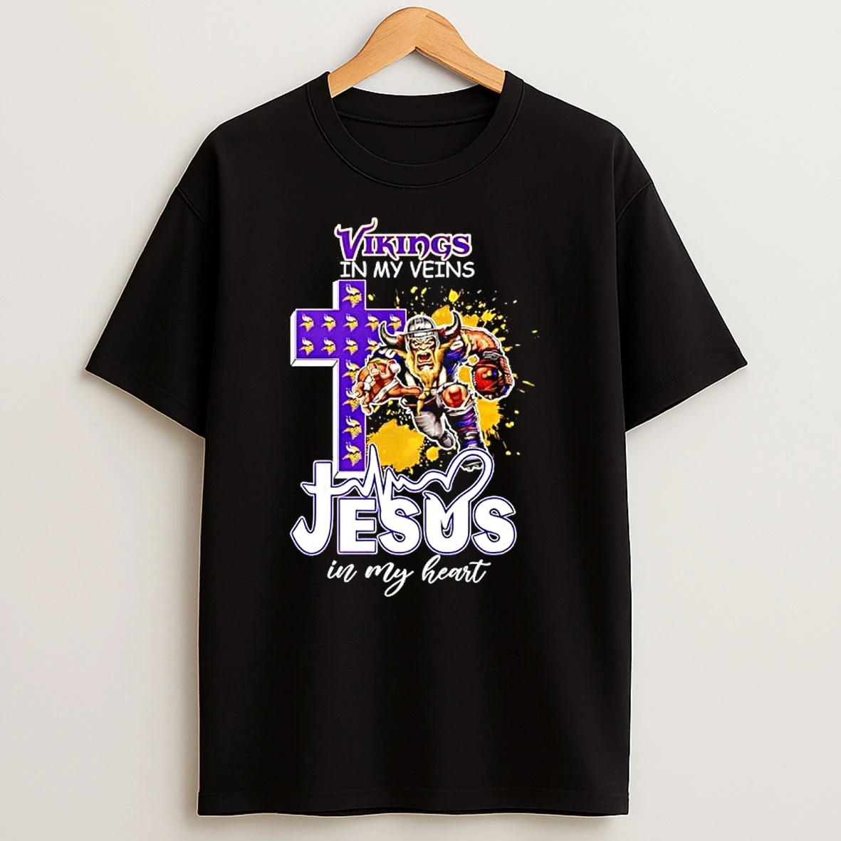 Minnesota Vikings In My Veins Jesus In My Heart Features A Football Player Logos Cross T Shirt