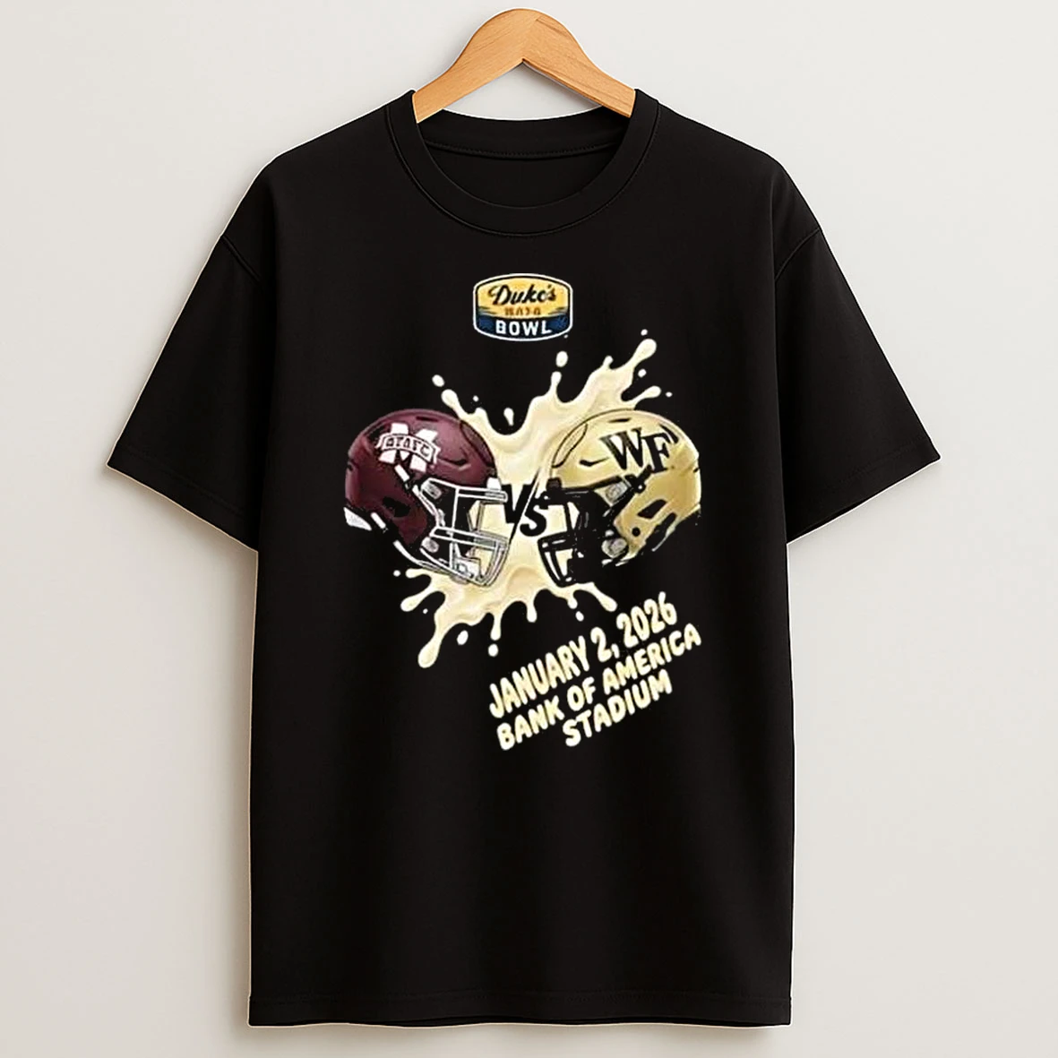 Mississippi State Bulldogs Vs Wake Forest Demon Deacons On January 2 2026 Dukes Mayo Bowl At Bank Of America Stadium Helmet Head To Head T Shirt