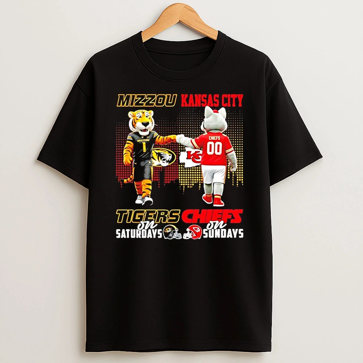 Missouri Tigers On Saturdays Vs Kansas City Chiefs On Sundays Mascot Skyline T Shirt