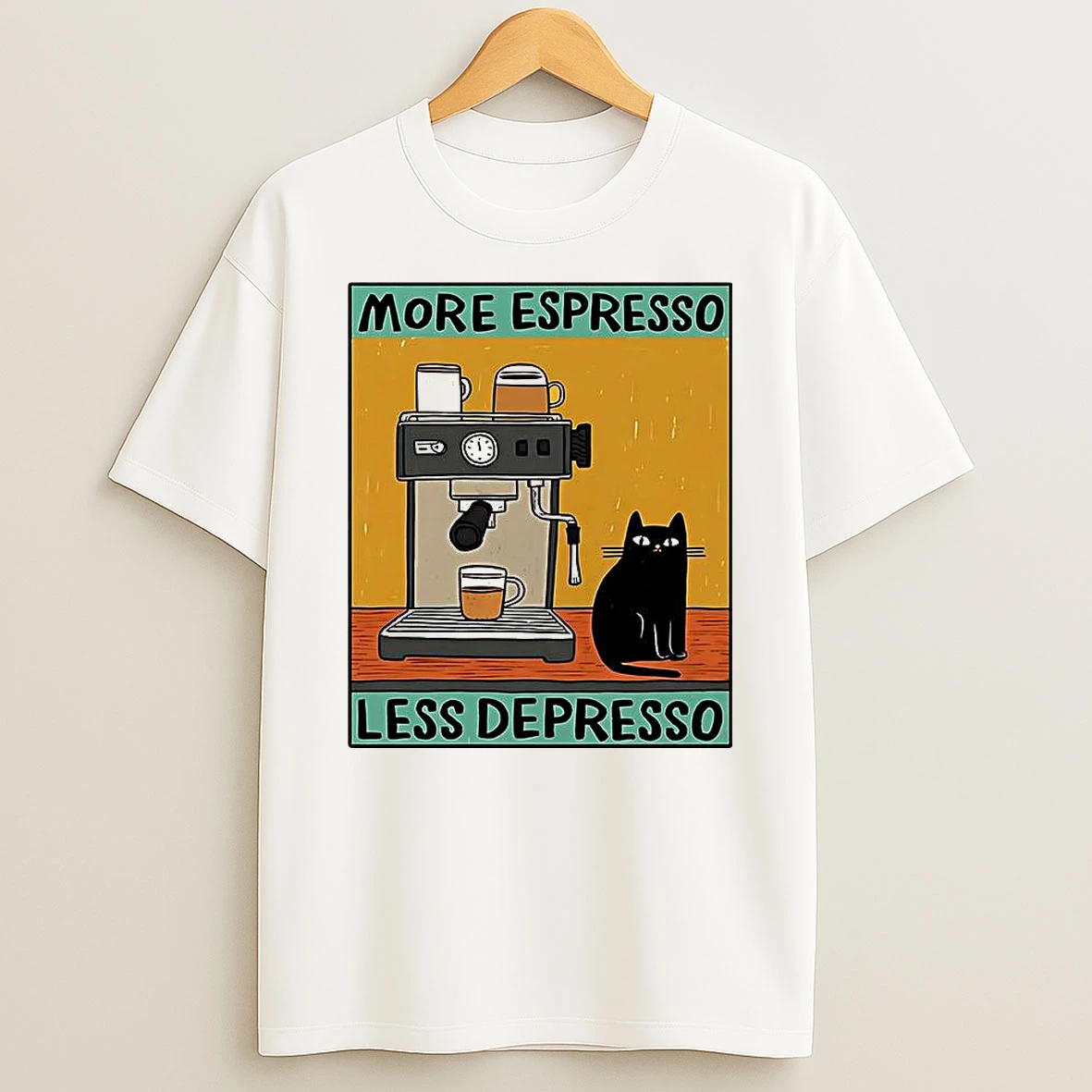 More Espresso Less Depresso Espresso Machine Cute Cat Retro T Shirt