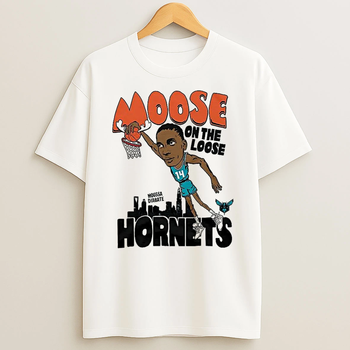Moussa Diabate Charlotte Hornets Nba Moose On The Loose Hornets Dunk Cartoon T Shirt