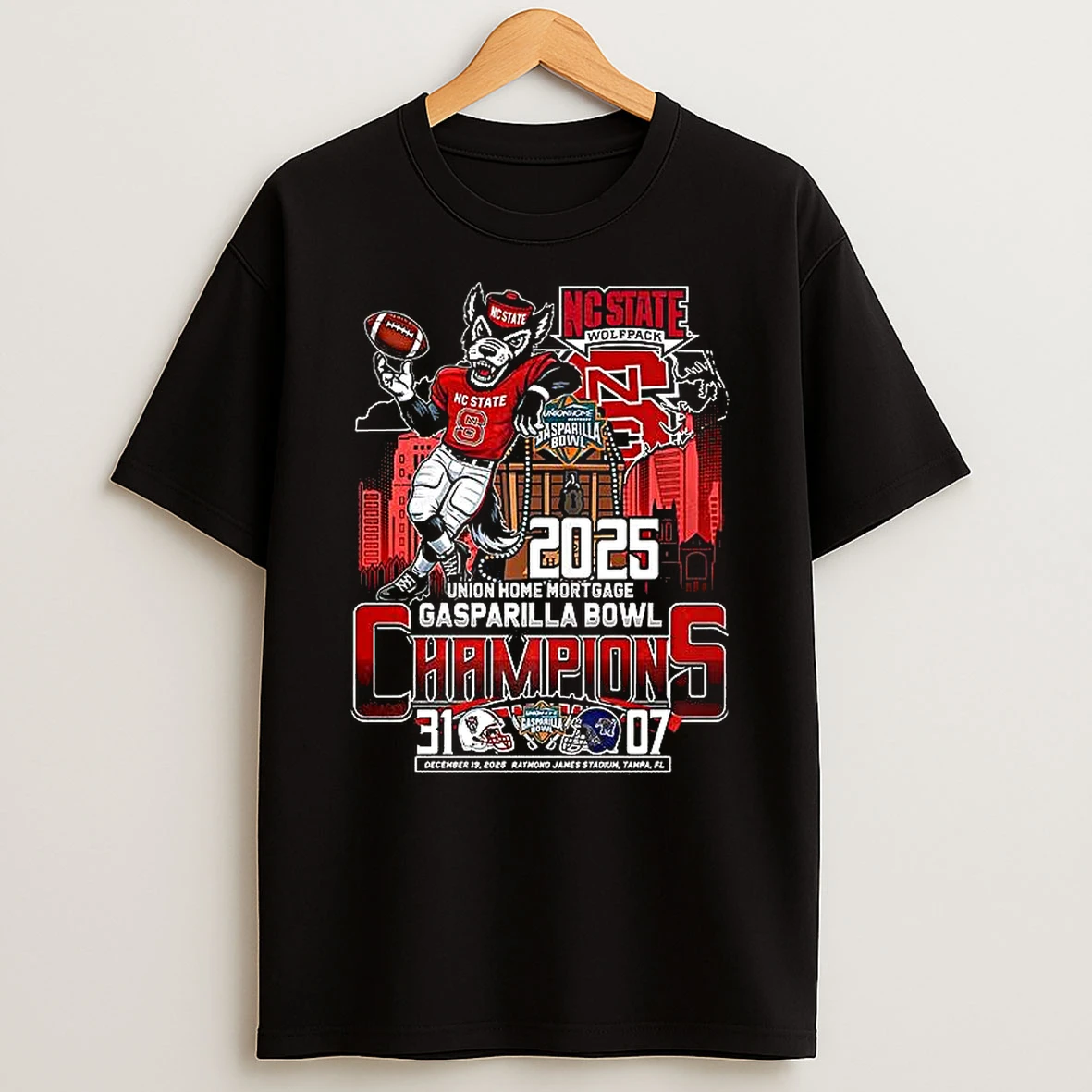 Nc State Wolfpack 2025 Union Home Mortgage Gasparilla Bowl Champions Mascot T Shirt
