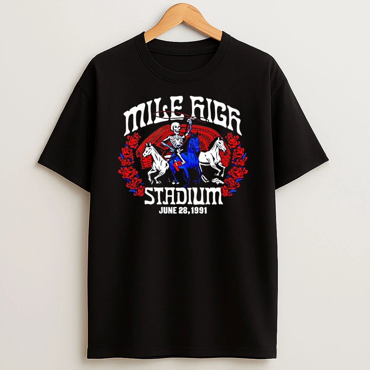 Nfl X Grateful Dead X Broncos Skeleton Mile High Stadium June 28th 1991 T Shirt