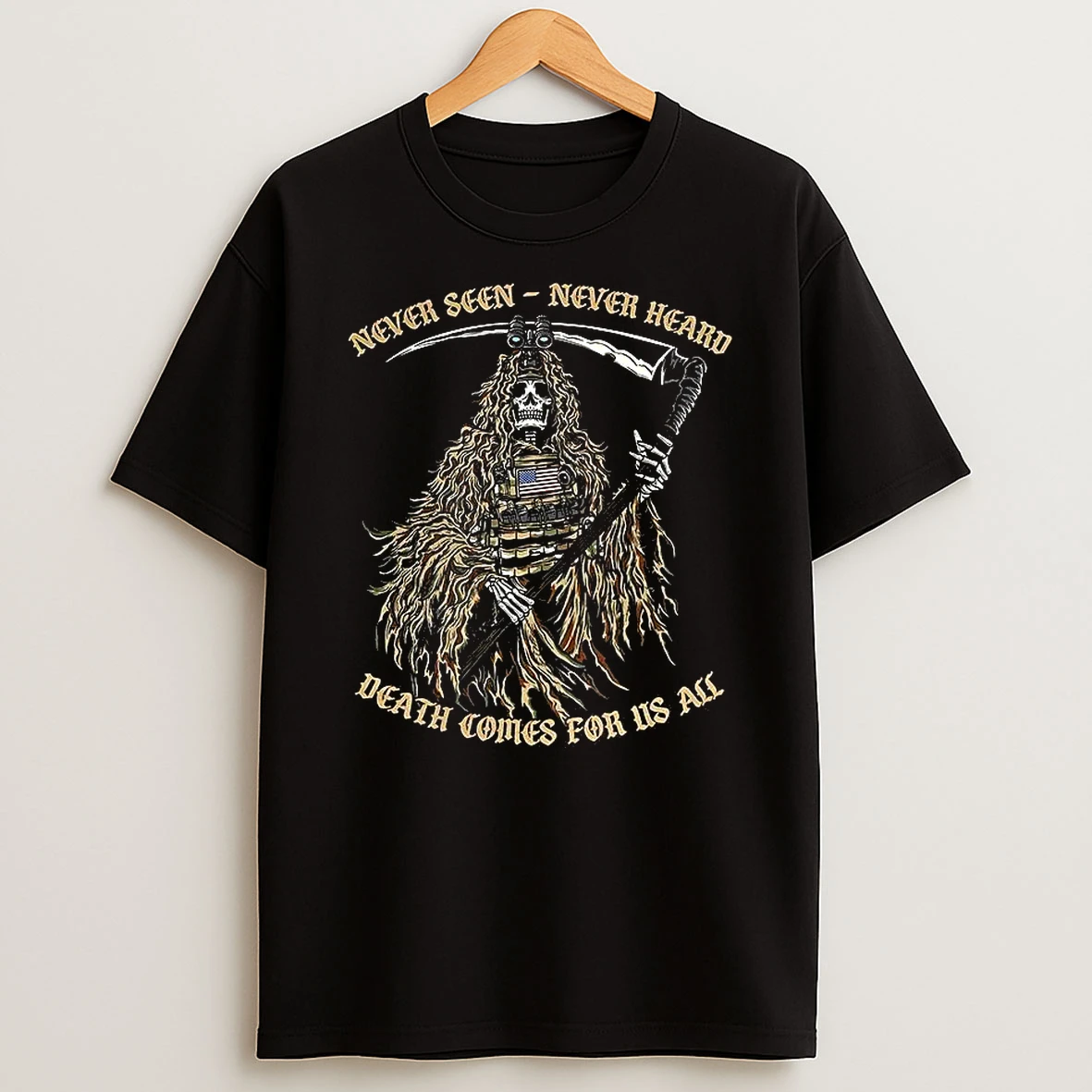 Never Seen Never Heard Death Comes For Us All Reaper Soldier T Shirt