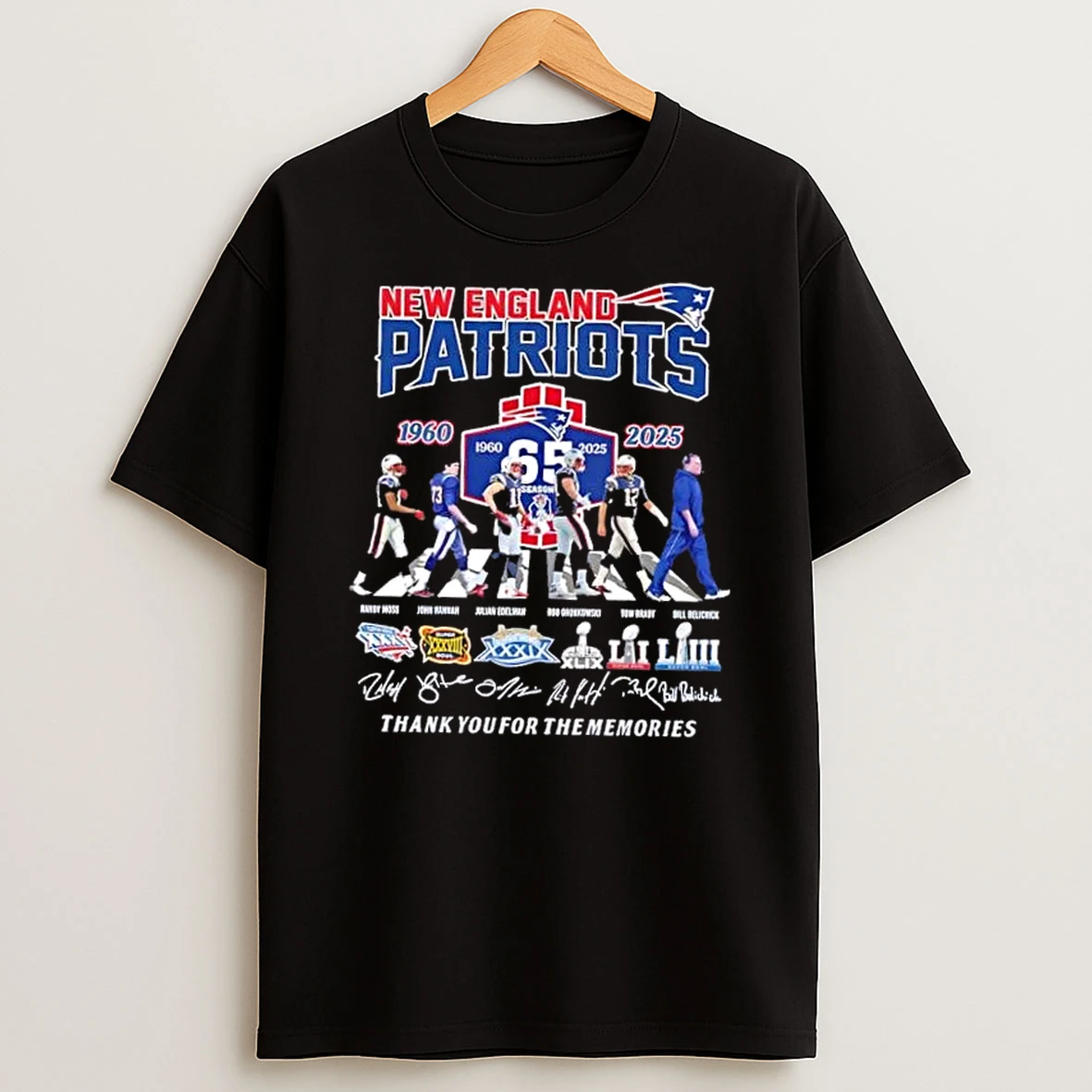 New England Patriots 1960 2025 Coach Bill Belichick And Legends Abbey Road Thank You For The Memories Signatures T Shirt