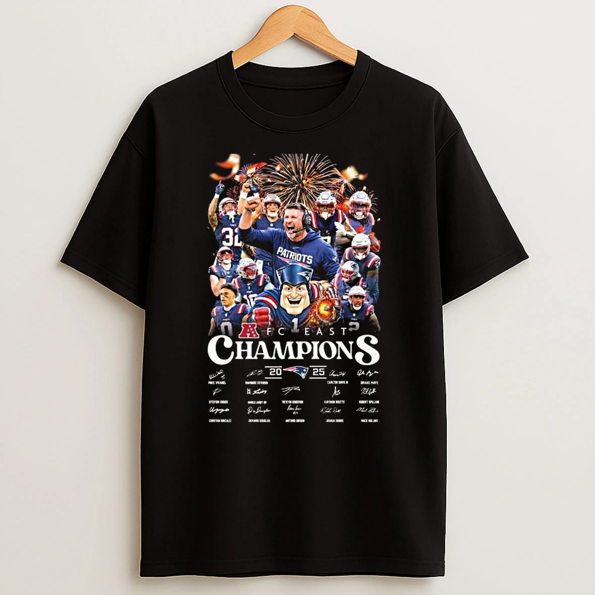 New England Patriots Afc East Champions 2025 Players Signatures Fireworks T Shirt