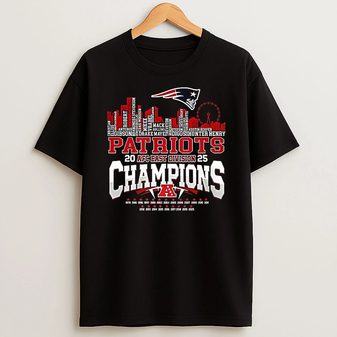 New England Patriots City Skyline Name Afc East Division Champions 2025 T Shirt
