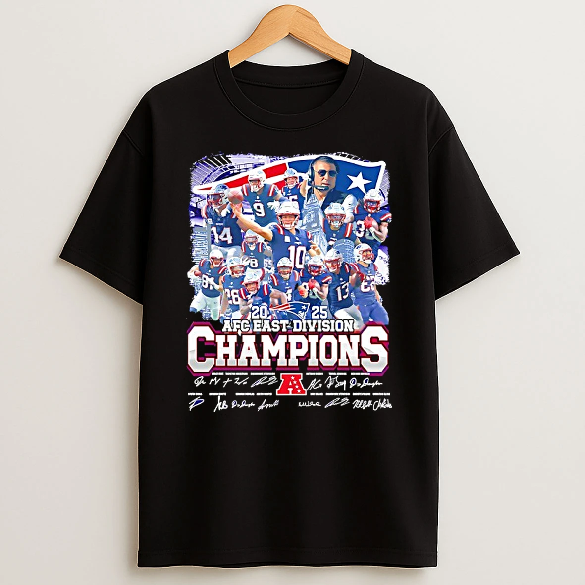 New England Patriots Coach And Players At Afc East Division Champions 2025 T Shirt