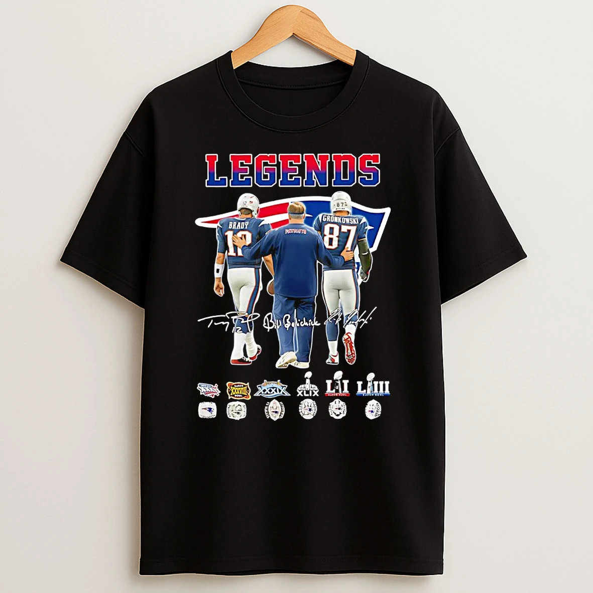 New England Patriots Legends Brady Gronkowski Bill Belichick Signatures T Shirt