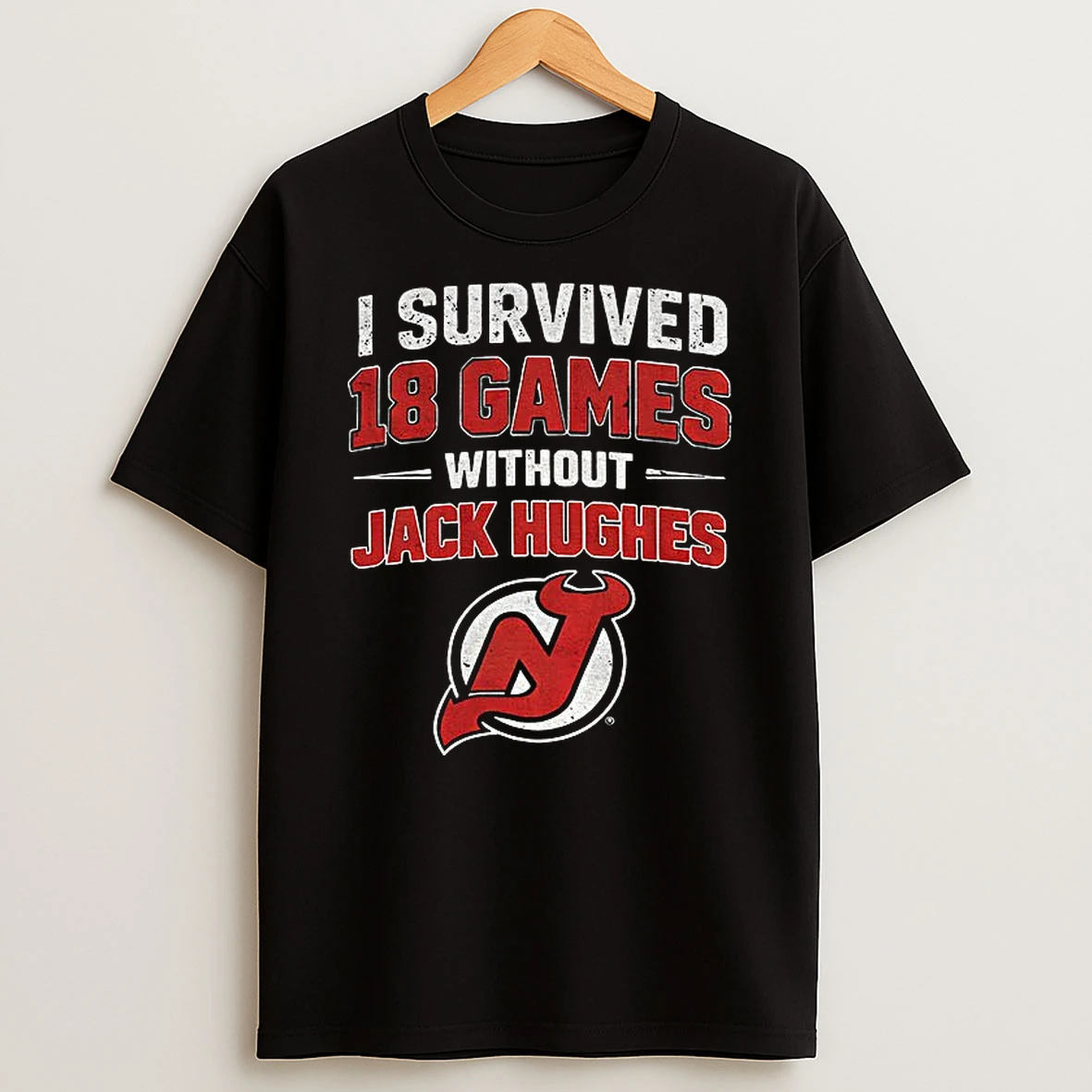 New Jersey Devils Hockey I Survived 18 Games Without Jack Hughes Logo T Shirt