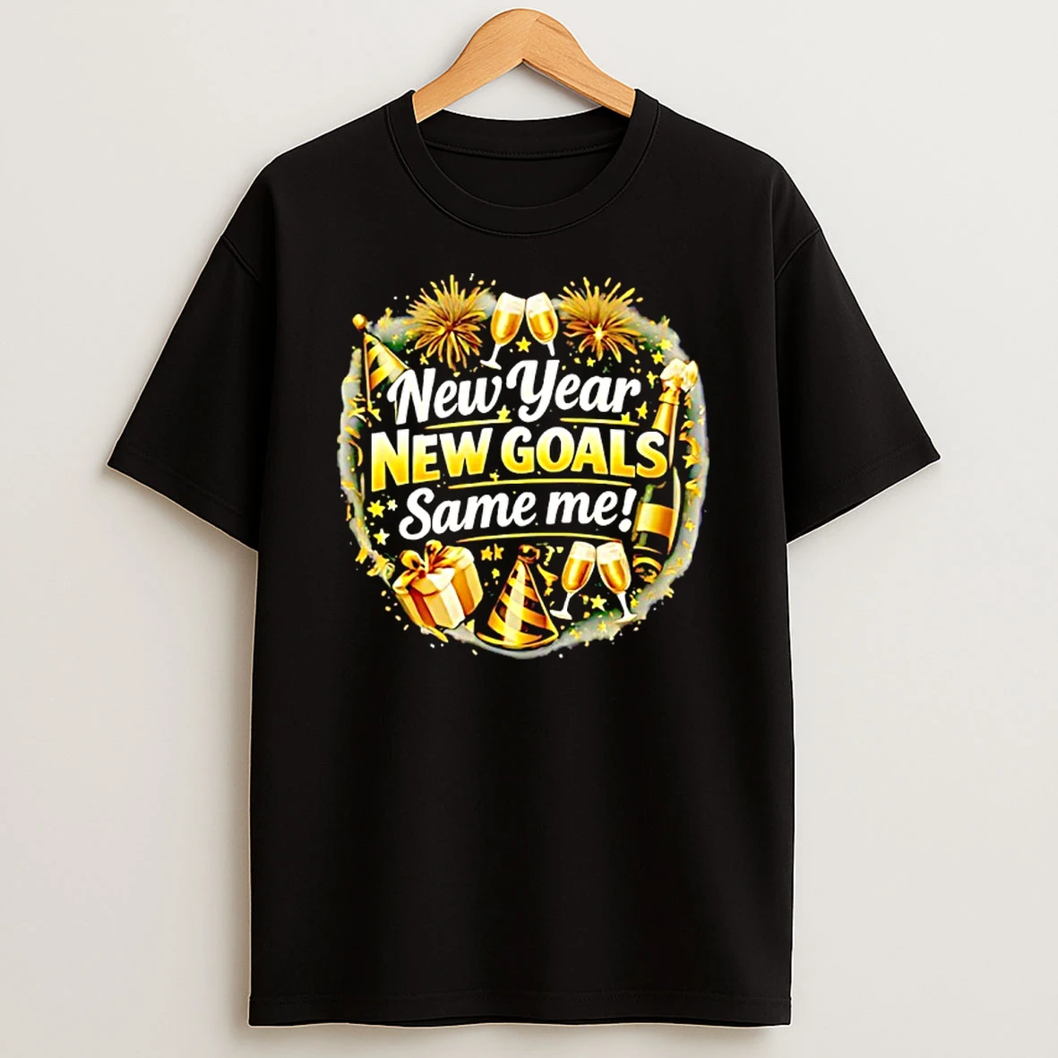 New Year New Goals Same Me Fireworks Wine Gift Birthday Hat T Shirt