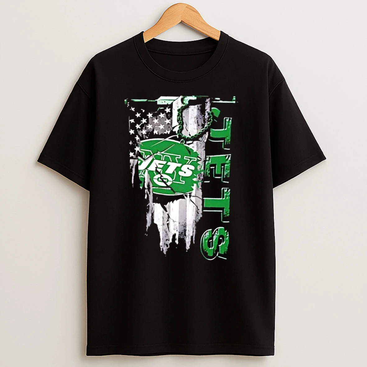 New York Jets Football Battle Shattered Usa Flag Rip Design T Shirt