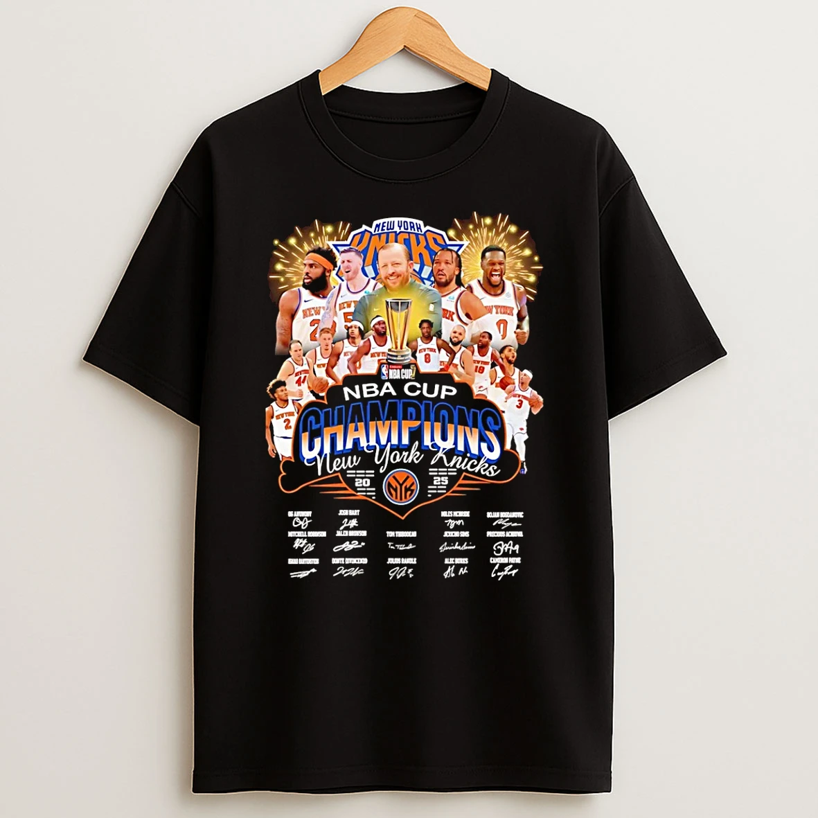 New York Knicks 2025 Nba Cup Champions All Team Signatures T Shirt