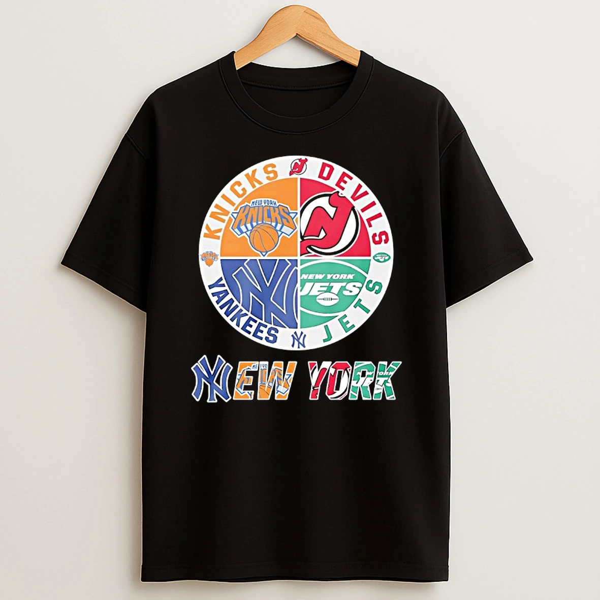 New York Knicks New Jersey Devils York Yankees New York Jets Mashup Logo T Shirt