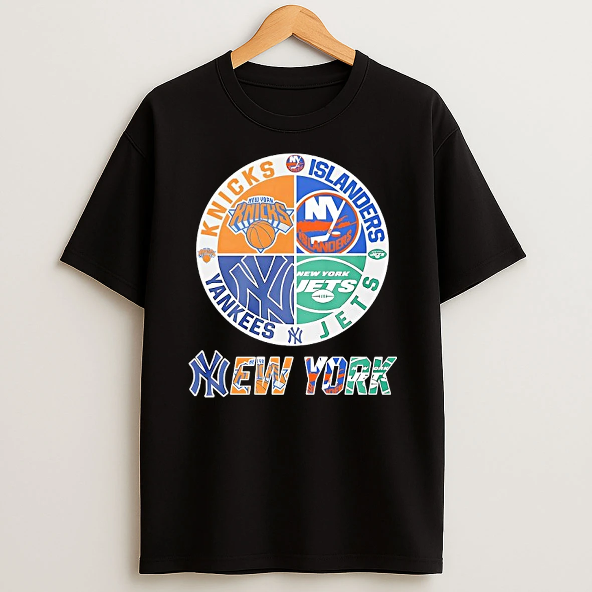 New York Knicks New York Islanders New York Yankees And New York Jets Mashup Logo T Shirt