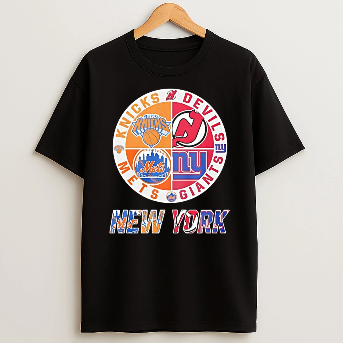 New York Knicks New York Mets New Jersey Devils New York Giants Mashup Logo T Shirt