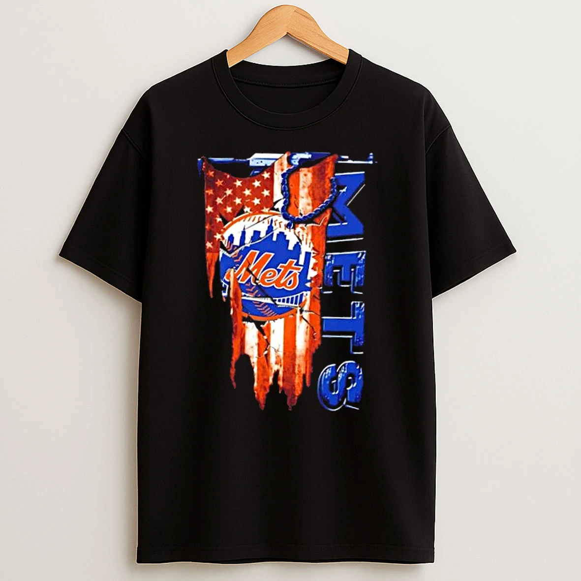 New York Mets Baseball Battle Shattered Usa Flag Rip Design T Shirt