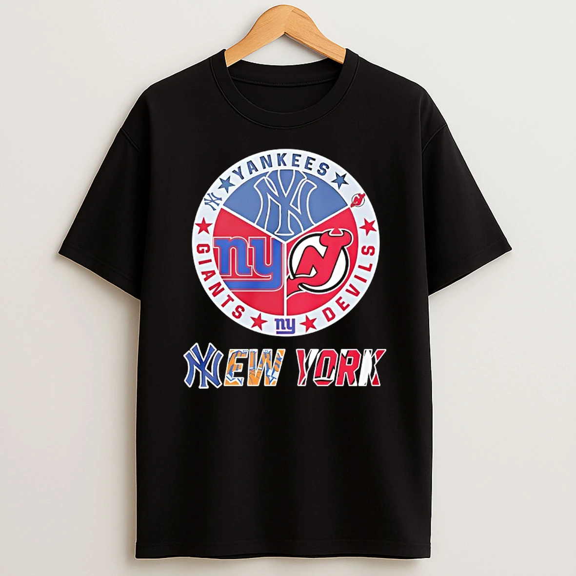 New York Yankees New York Giants And New Jersey Devils Mashup Logo T Shirt