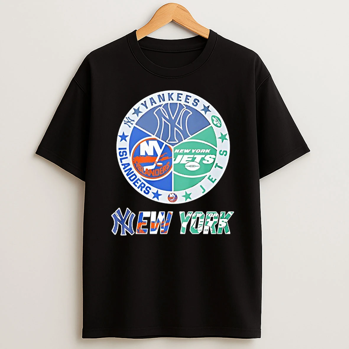New York Yankees New York Islanders New York Jets And New York Knicks Mashup Logo T Shirt