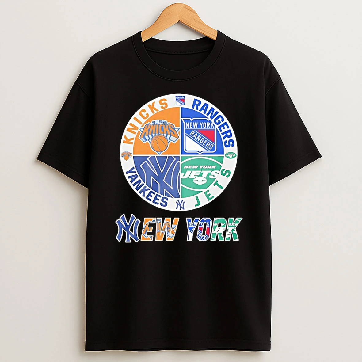 New York Yankees New York Rangers New York Jets New York Knicks Mashup Logo T Shirt