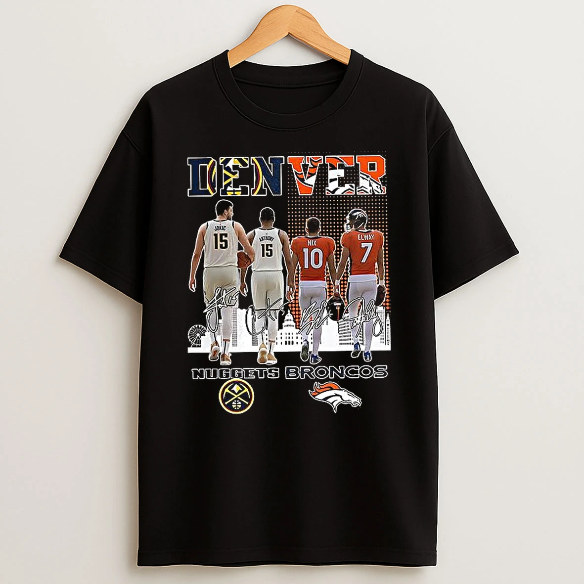 Nikola Jokic And Anthony Denver Nuggets X Bo Nix And Elway Denver Broncos Signature T Shirt