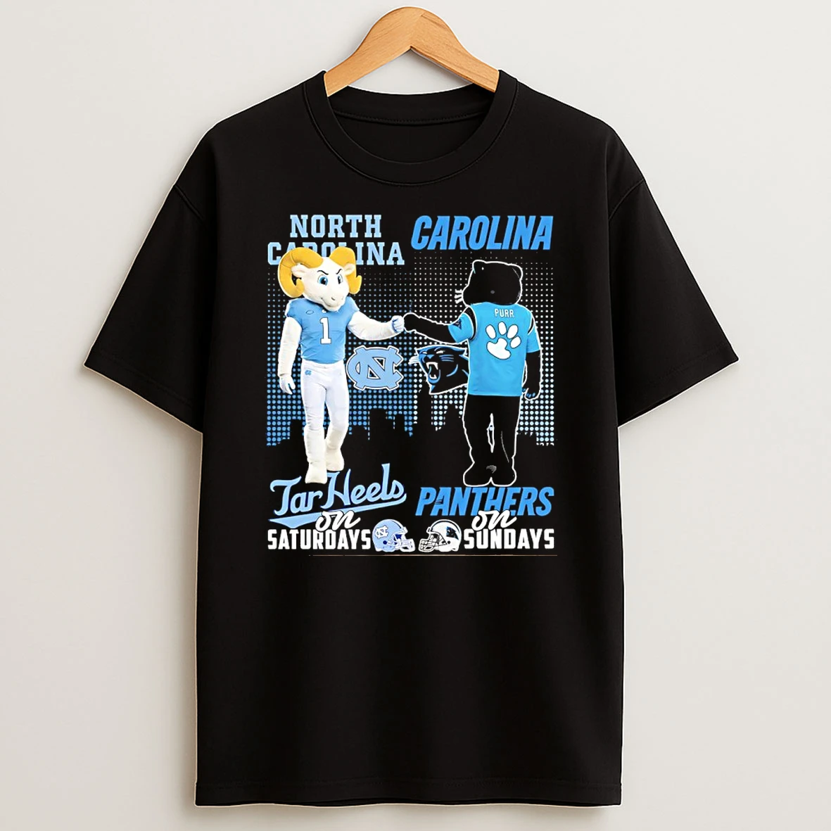 North Carolina Tar Heels On Saturday And Carolina Panthers On Sundays Skyline Mascot T Shirt