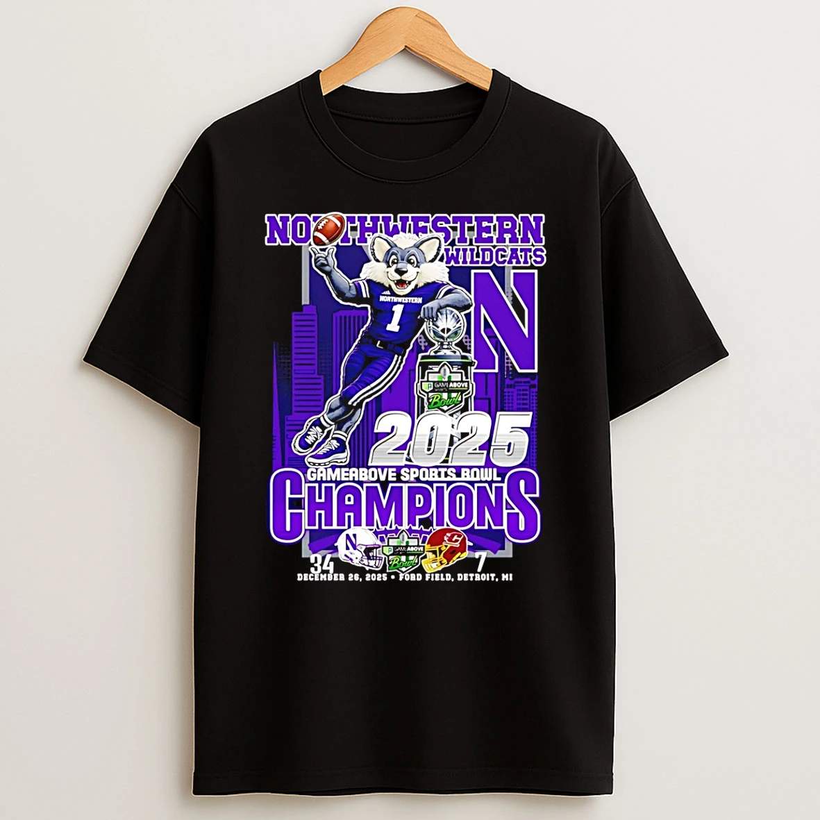 Northwestern Wildcats 2025 Gameabove Sports Bowl Champions Mascot Skyline T Shirt